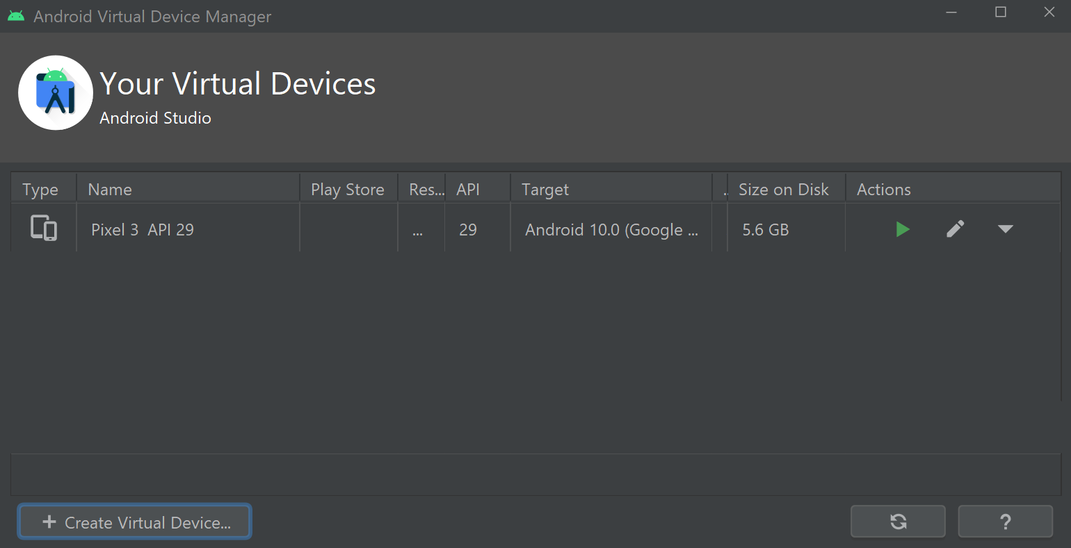 android virtual device manager windows 10